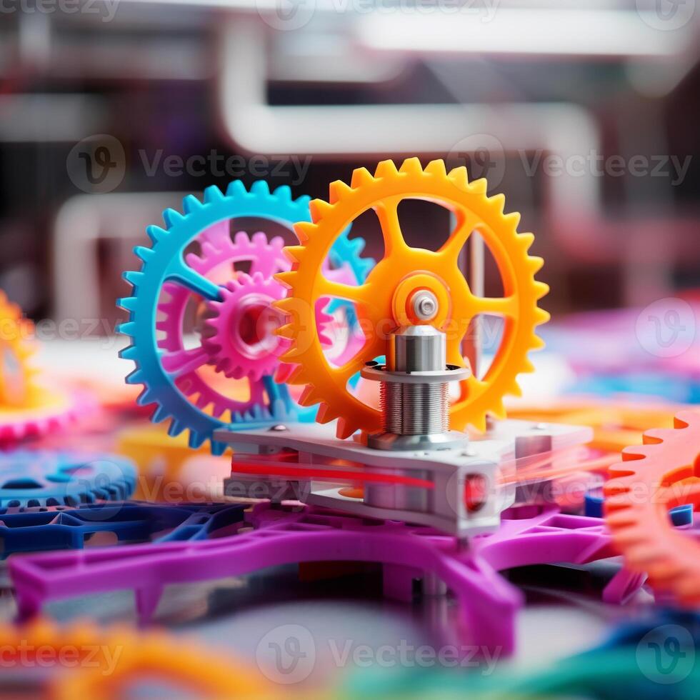 Artistic image of 3D printing process against a colorful backdrop photo
