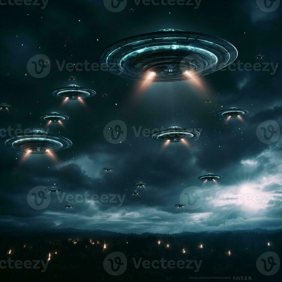 Dramatic depiction of a UFO fleet in the night sky signaling a possible alien encounter AI Generative photo