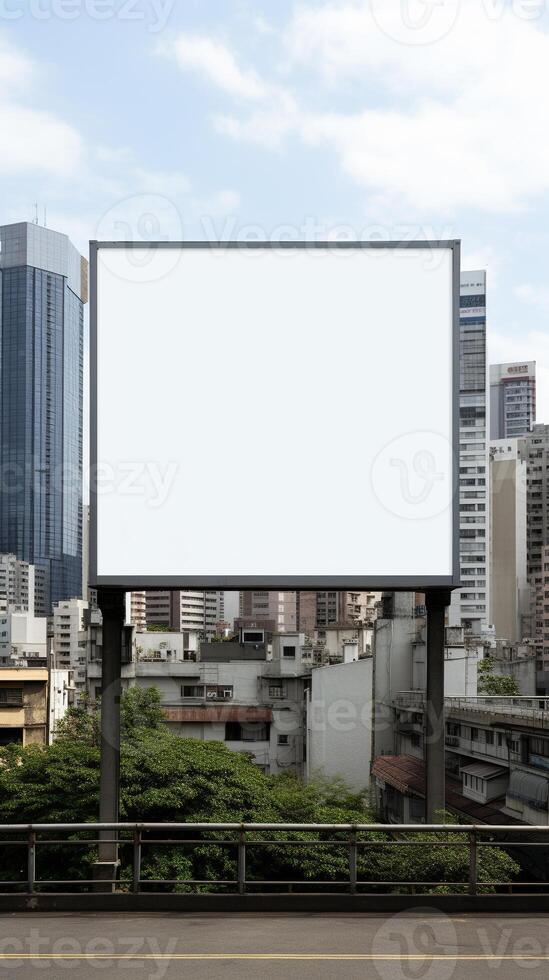 Blank billboard frame nestled amidst a bustling urban landscape, open canvas for creativity photo