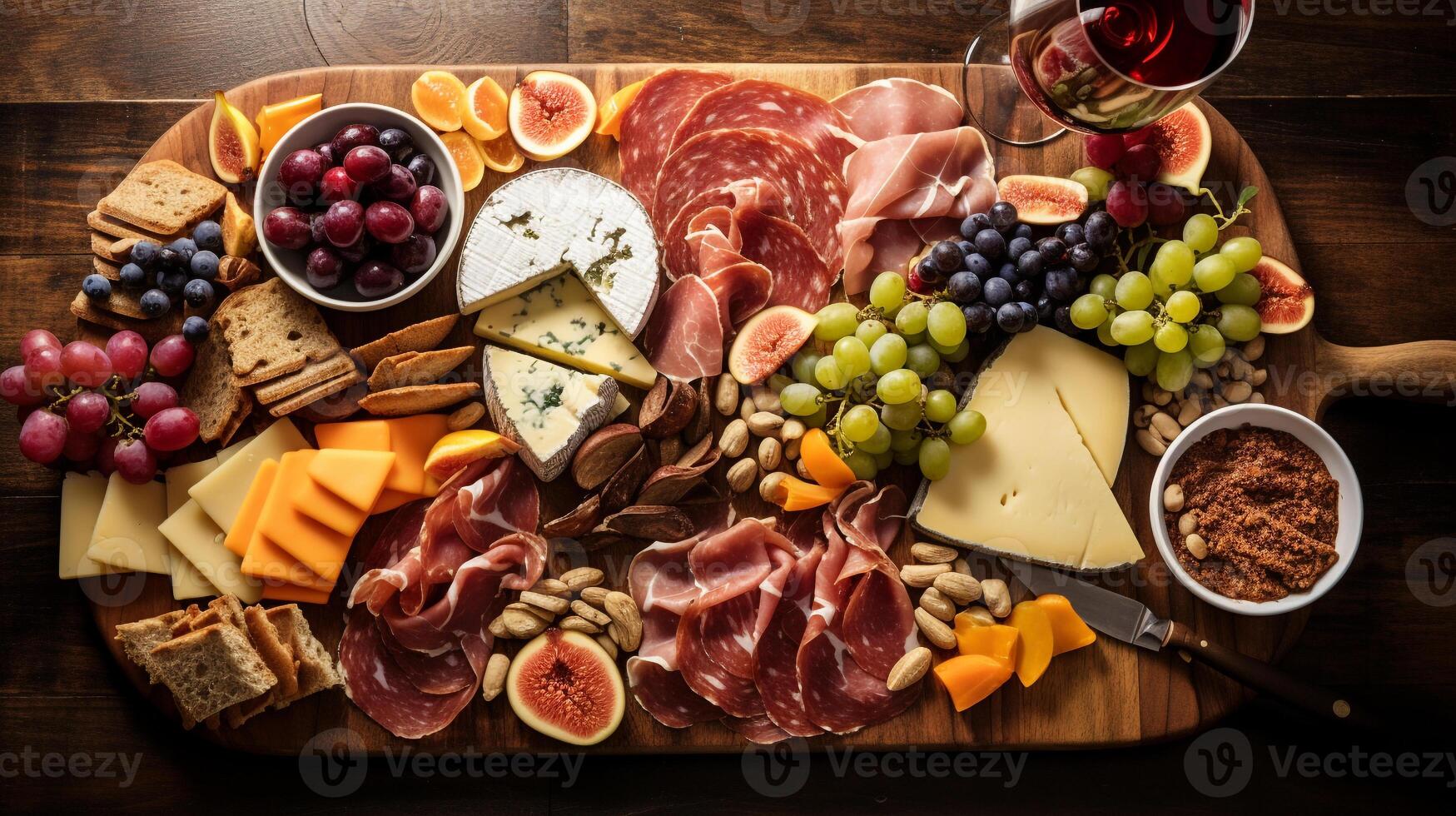 Bird's-eye view of gourmet charcuterie board with meats cheeses fruits and nuts photo