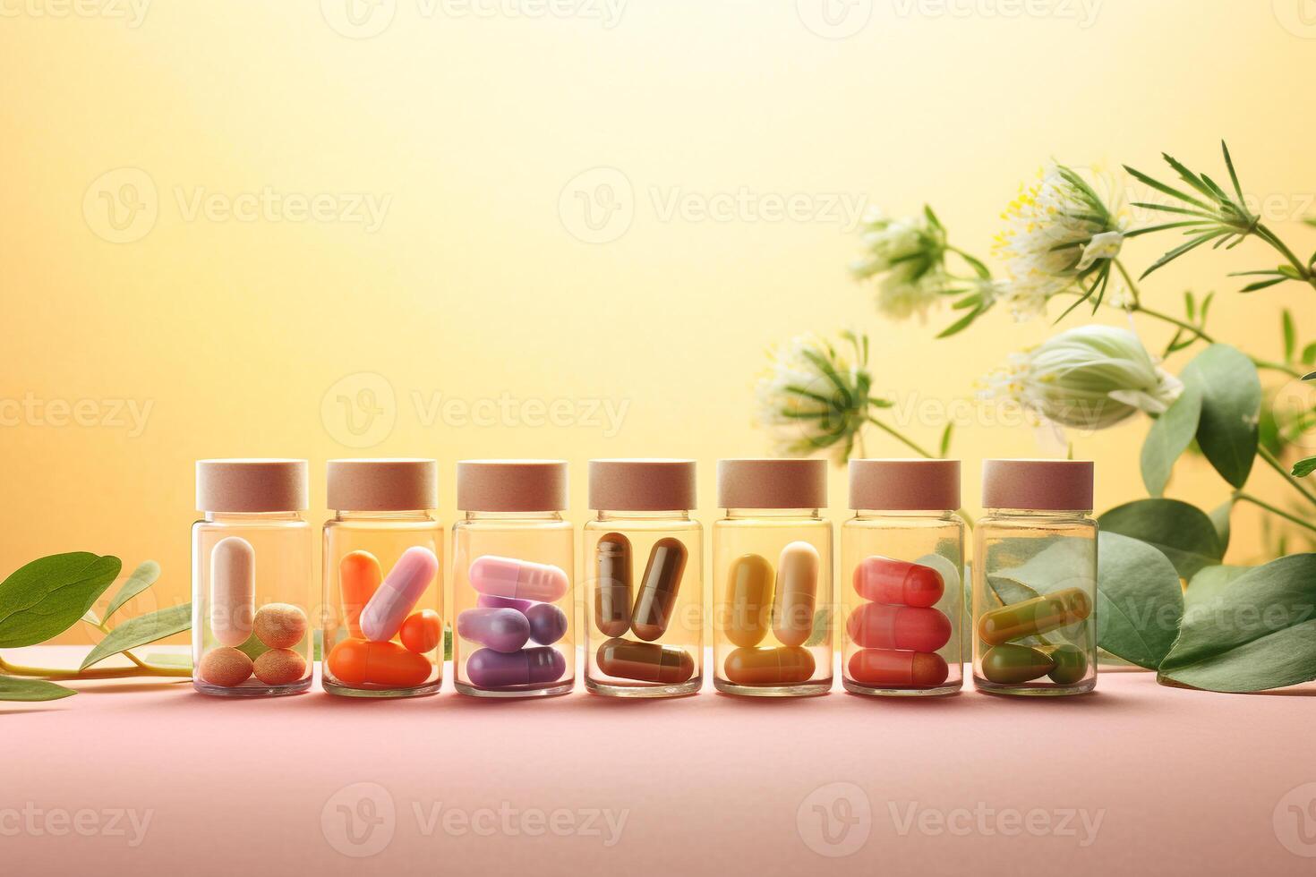 Importance of nutrition for anti-aging depicted through herbal supplements AI Generative photo