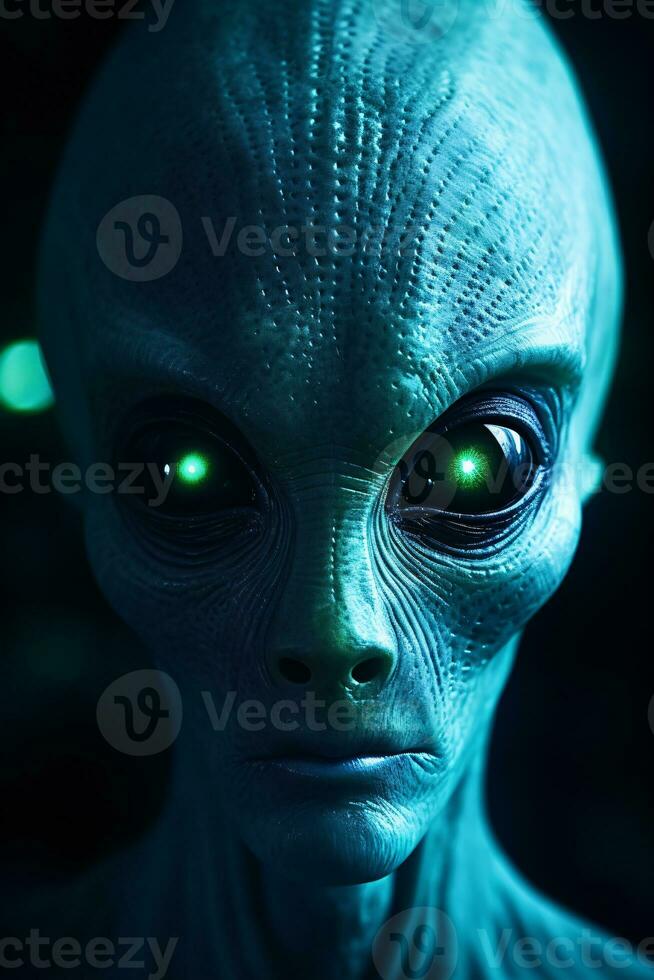 Detailed image of an alien creature brought to life in shades of bioluminescent blues and greens AI Generative photo