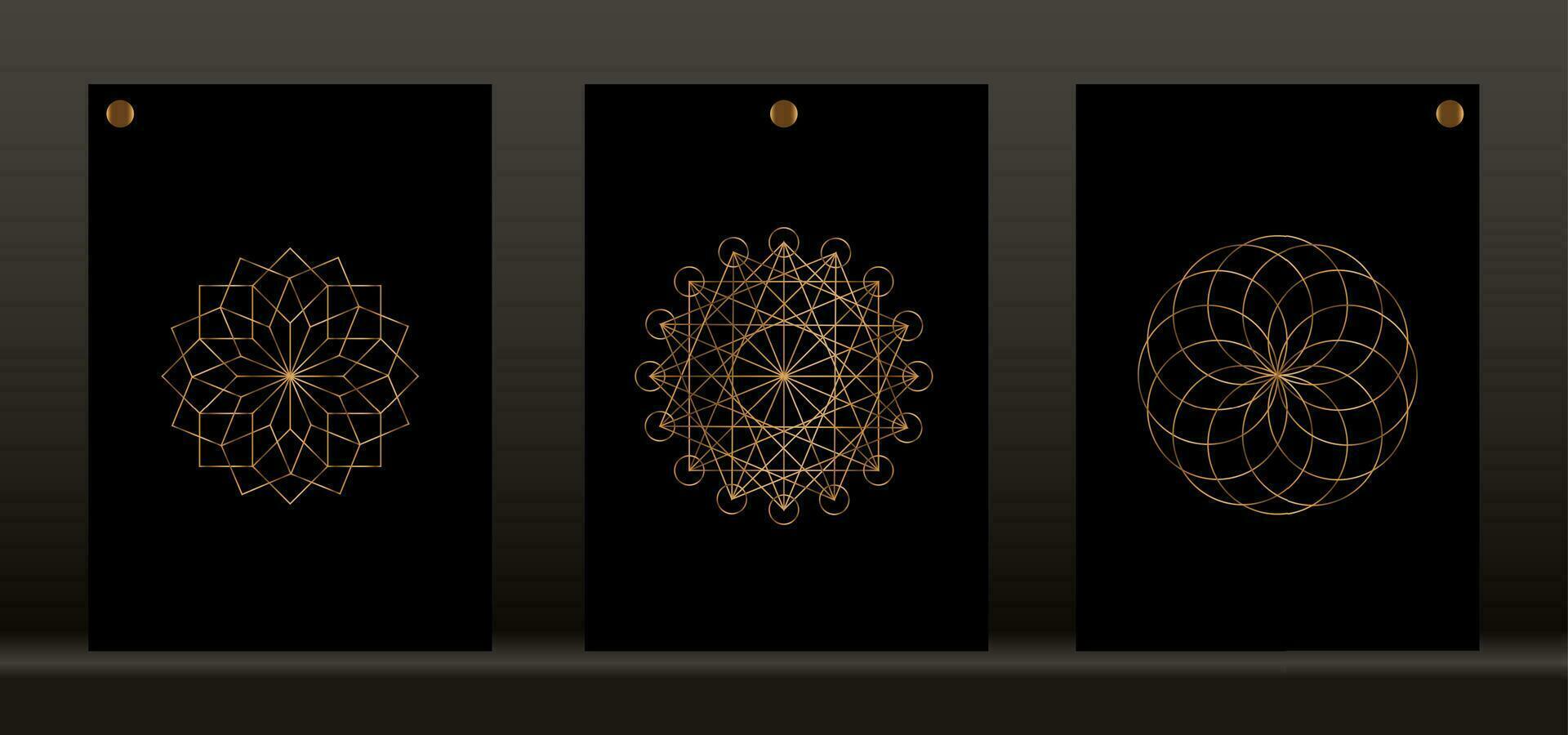 Sacred geometry, set graphic element Vector isolated on black background. Gold Symbols of alchemy esoteric, Flower of Life. Golden Mystic icon platonic solids, geometric drawing, typical crop circles