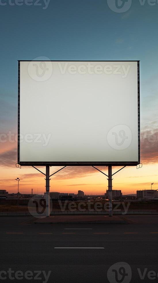 Vibrant sunset forming a fiery backdrop for a blank billboard frame, perfect for bold advertising AI Generative photo