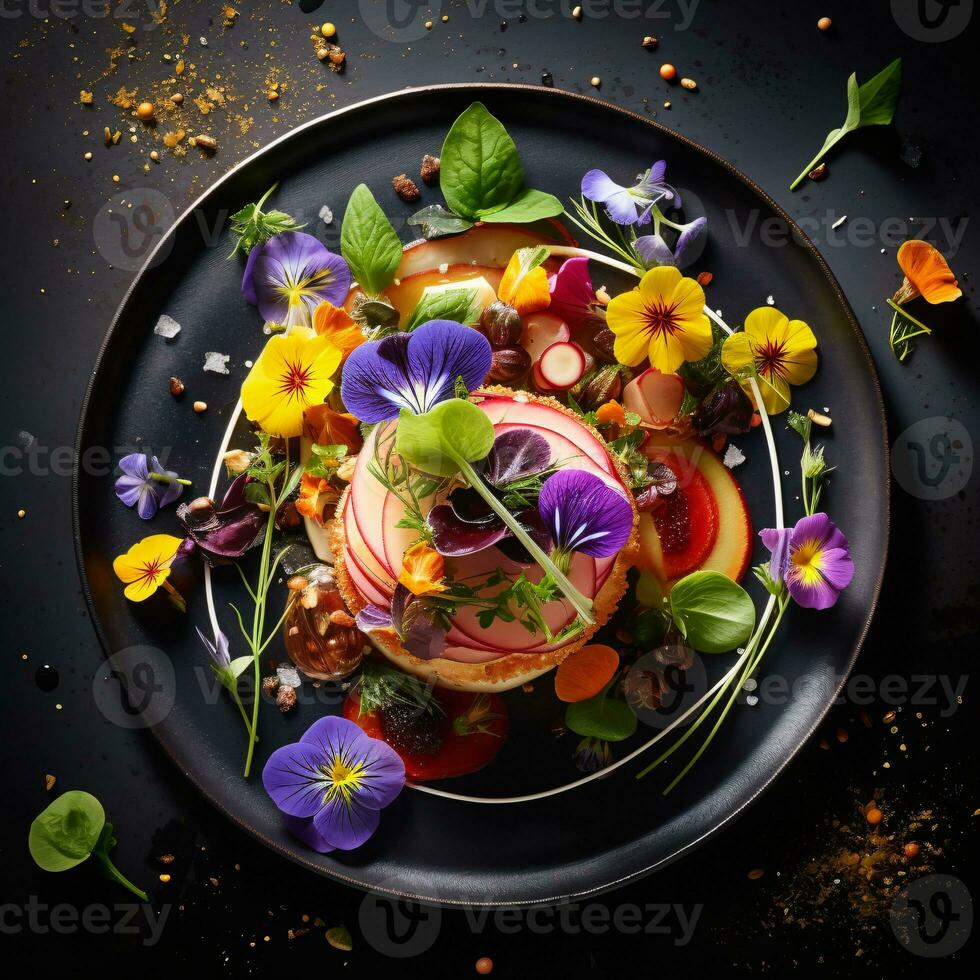 A Delectable Portrayal of Gourmet Artistry Paired with the Finest Beverage for Food Enthusiasts AI Generative photo