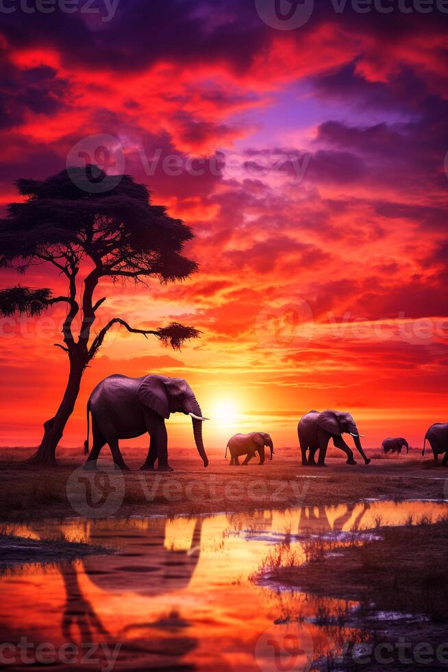 Stunning African safari scene at sunset with elephants, giraffes, and zebras under a fiery sky AI Generative photo