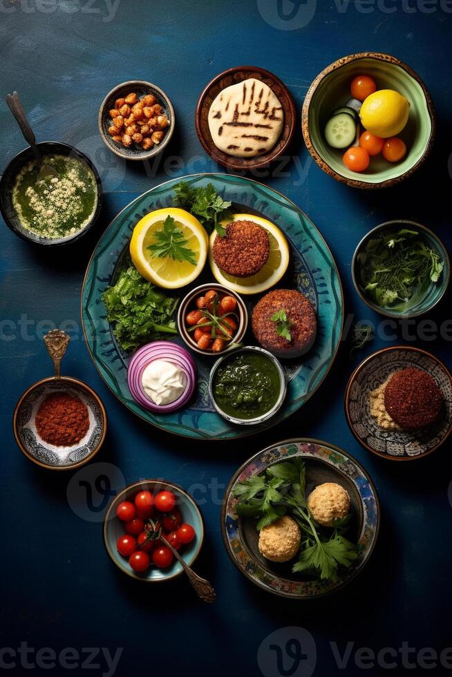 Overhead glimpse of a Mediterranean feast hummus pita bread and falafel near a tea pot AI Generative photo