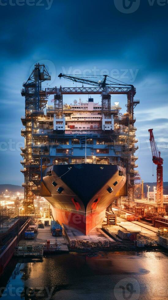 Twilight capture of a massive cargo ship under construction in dry dock AI Generative photo