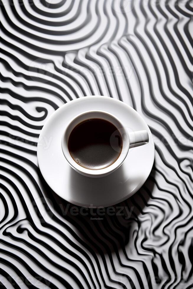 Aerial View of Steaming Coffee Cup on Geometrically Patterned Surface with Ample Copy Space AI Generative photo