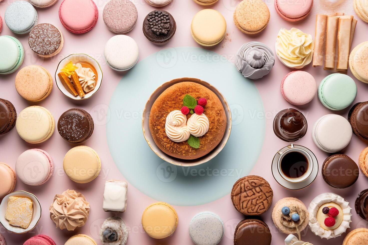 Global dessert medley a captivating flat-lay of tiramisu macarons and baklava photo