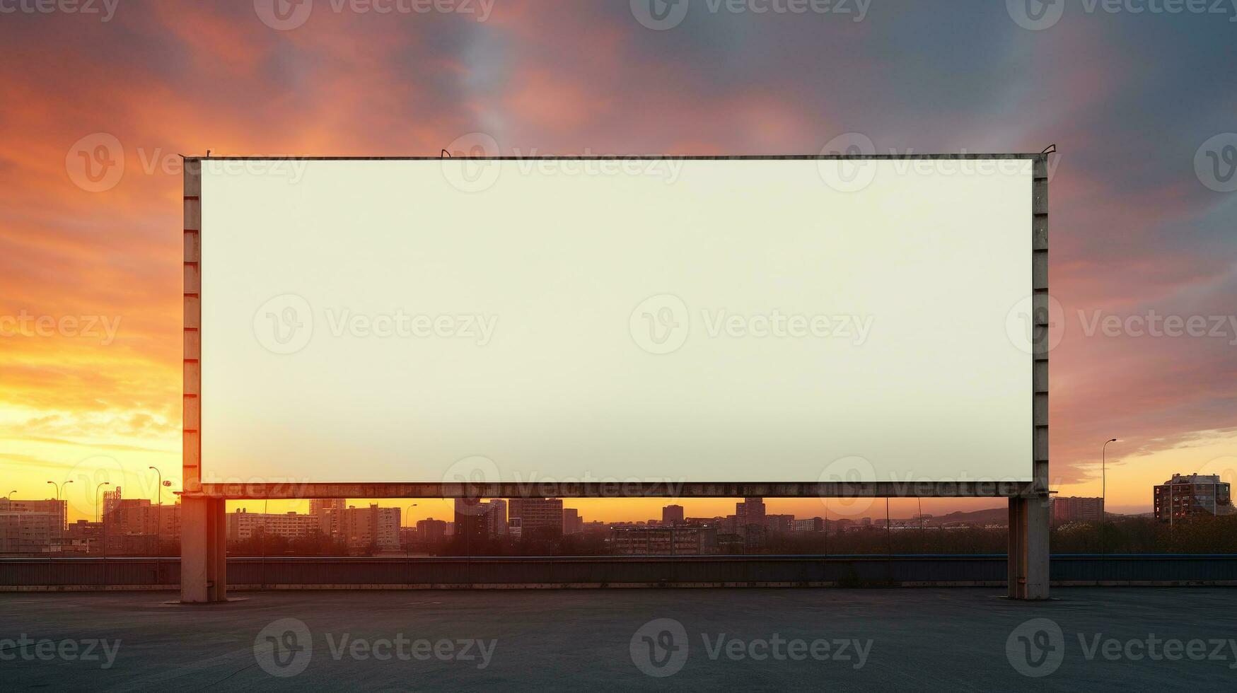 Vibrant sunset forming a fiery backdrop for a blank billboard frame, perfect for bold advertising AI Generative photo