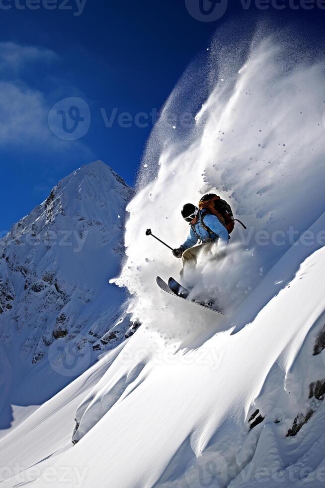 The Snowy Launch - A Skier's Leap of Adrenaline and Adventure AI Generative photo