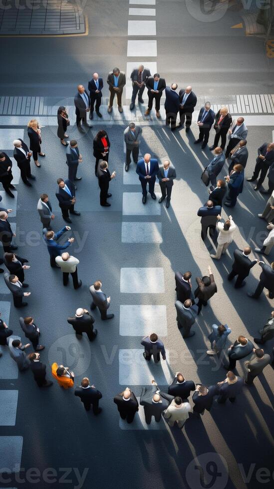 Bird's eye view of business professionals forming a circle in a city intersection photo