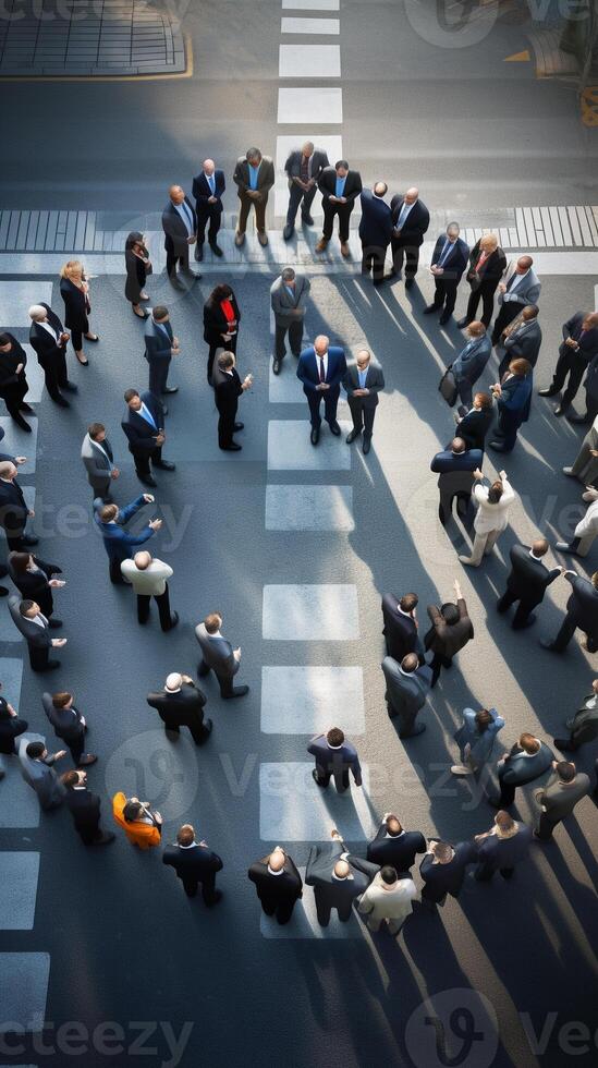 Bird's eye view of business professionals forming a circle in a city intersection AI Generative photo