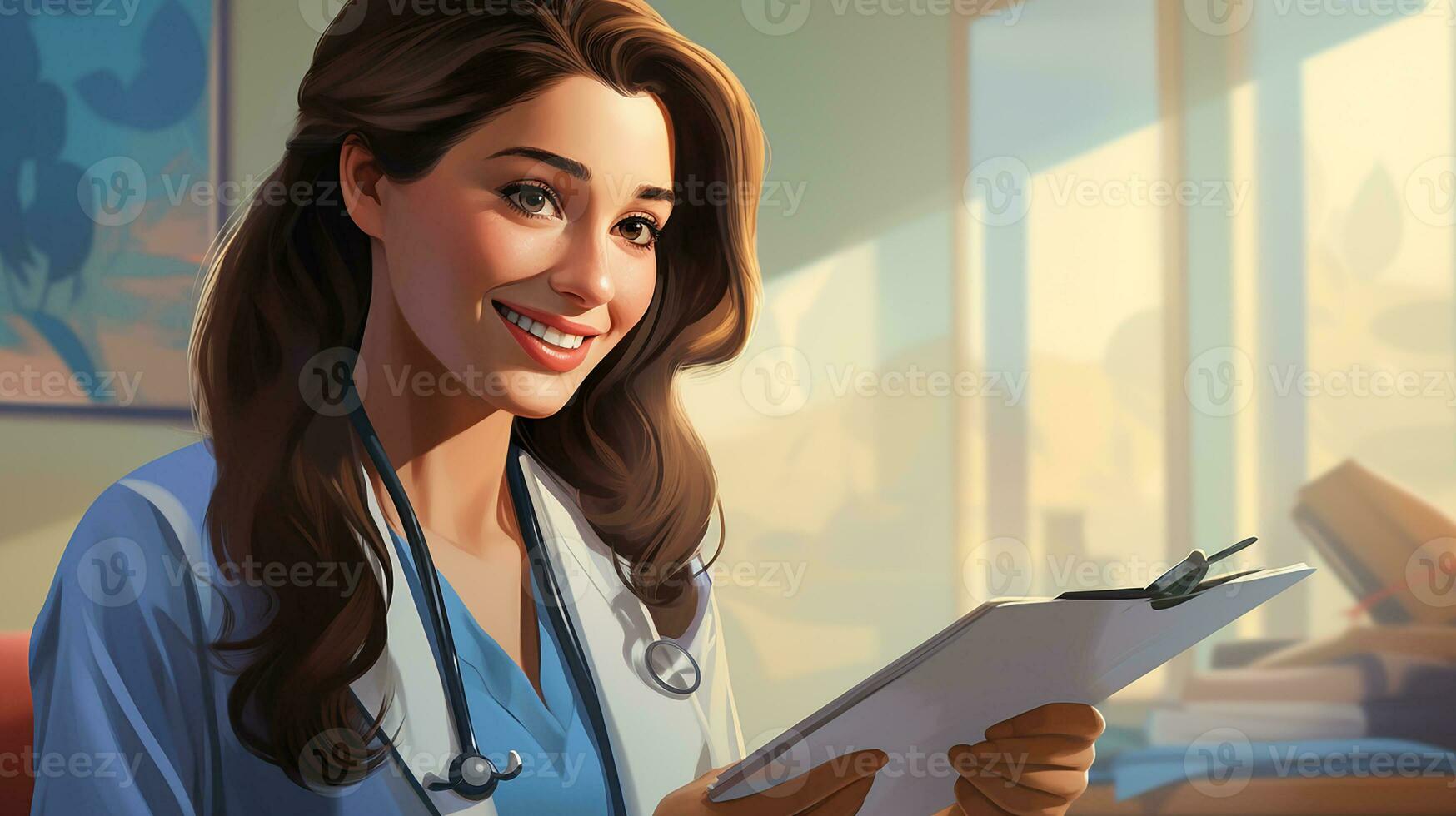 Female doctor with clipboard talking to smiling woman patient discussing something at hospital. Medicine and healthcare concepts. Generative AI photo