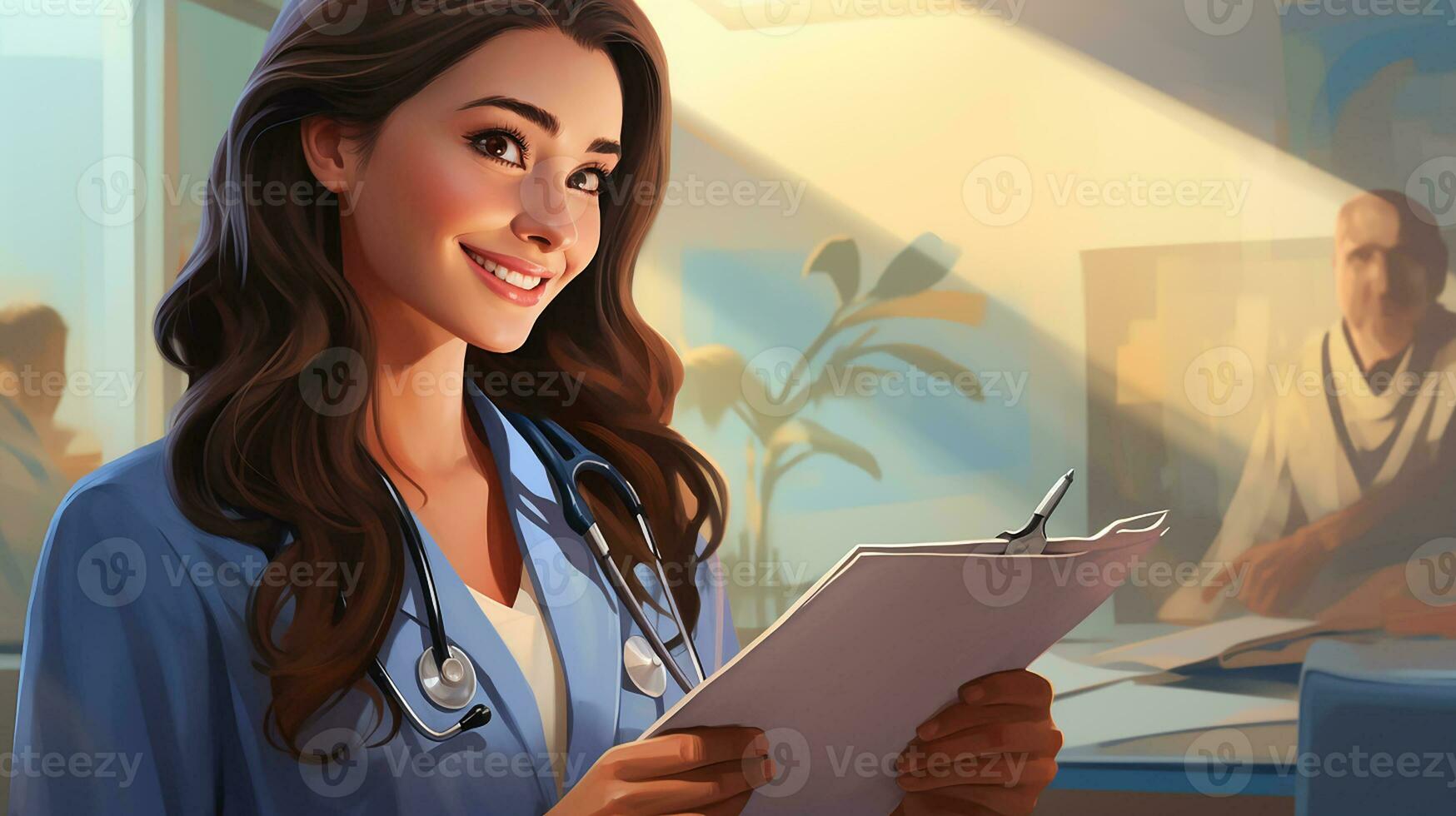 Female doctor with clipboard talking to smiling woman patient at hospital. Generative AI photo