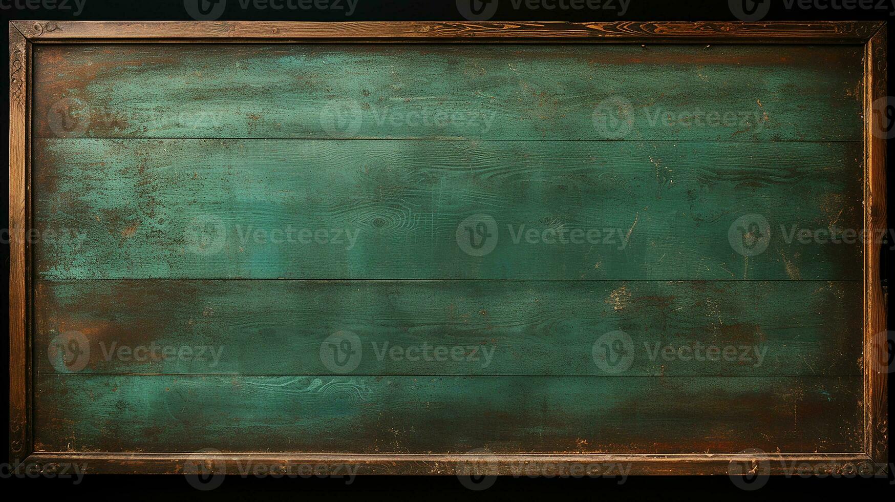 Empty green chalkboard background with wooden frame. Dirty erased chalk texture on blank blackboard with copyspace and wood border. Restaurant menu or back to school education concept. Generative AI photo