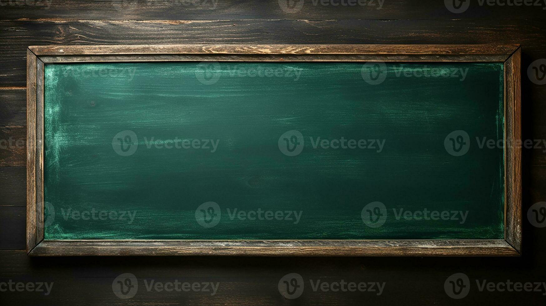 Empty green chalkboard background with wooden frame. Dirty erased chalk texture on blank blackboard with copyspace and wood border. Restaurant menu or back to school education concept. Generative AI photo