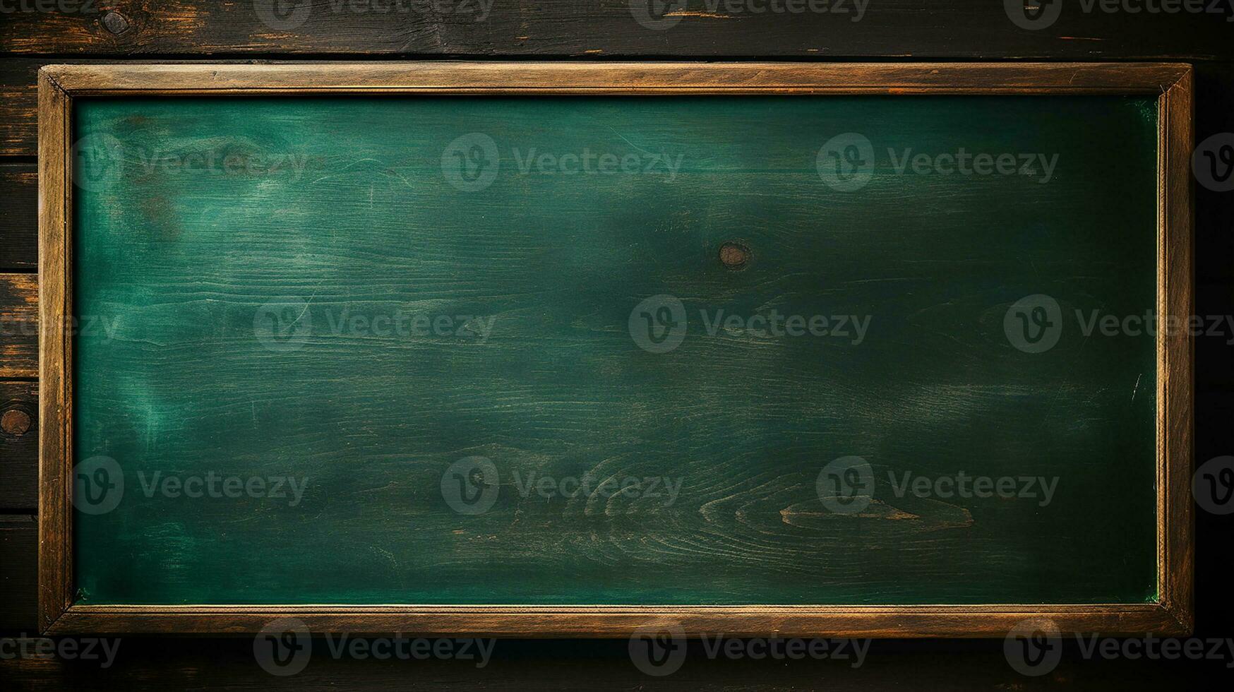 Empty green chalkboard background with wooden frame. Dirty erased chalk texture on blank blackboard with copyspace and wood border. Restaurant menu or back to school education concept. Generative AI photo