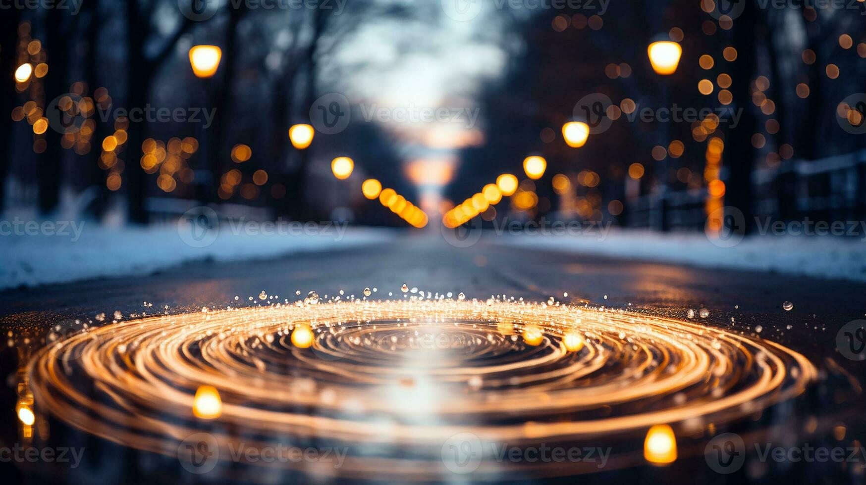 Blurred lights background with snow. Glitter confetti bokeh background. Generative AI photo