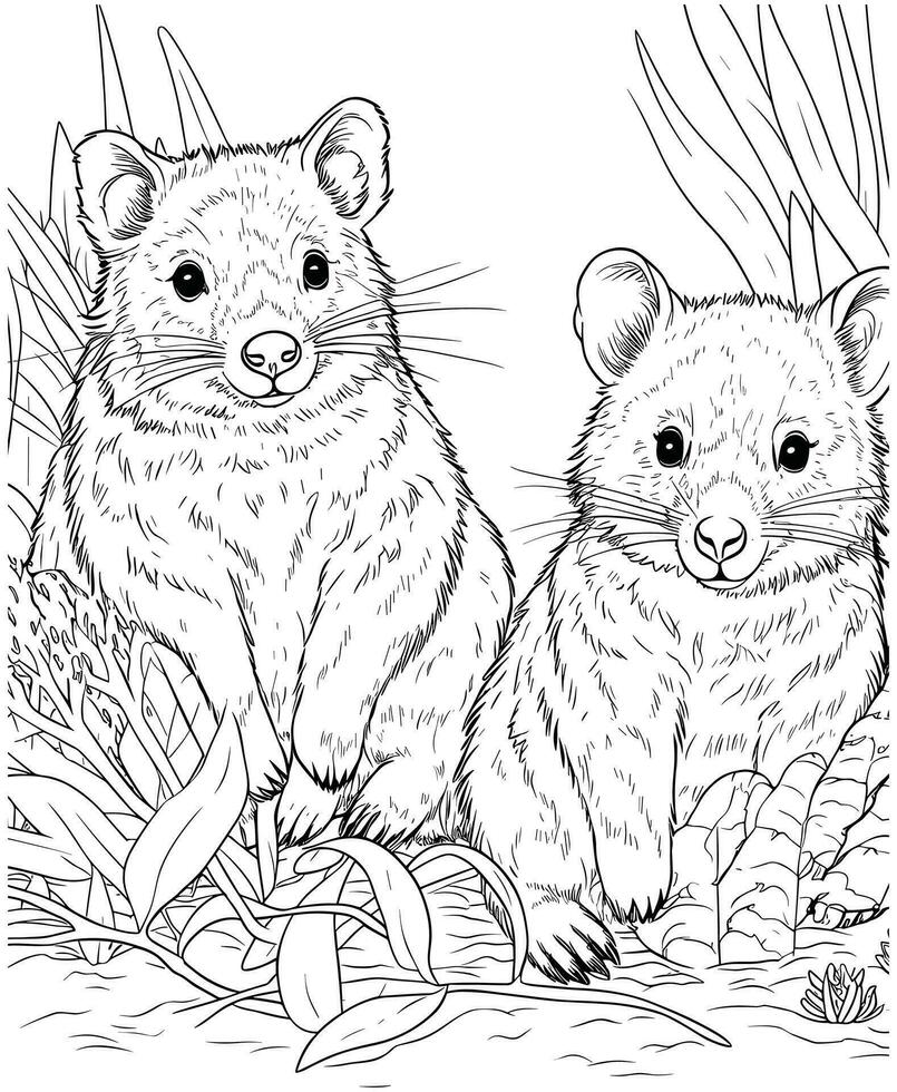 Quokkas jungle coloring page vector