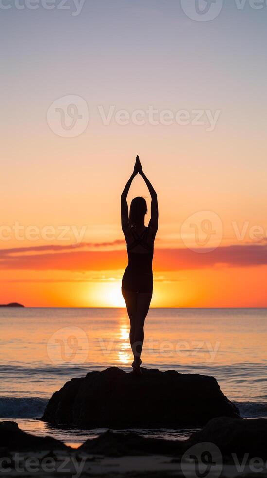 Young woman practicing yoga on a beach at sunrise with a clear sky for ample copy space AI Generative photo