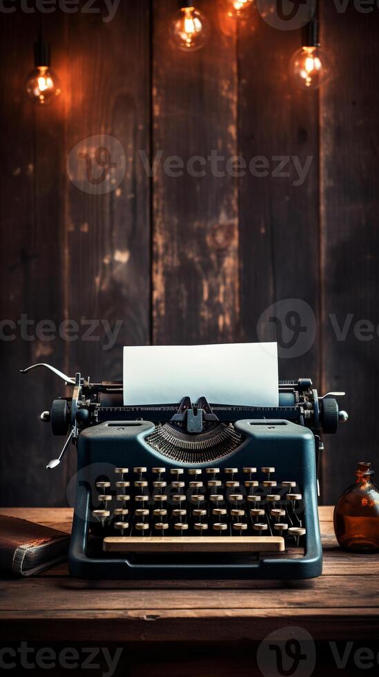 Vintage typewriter on rustic wooden background photo
