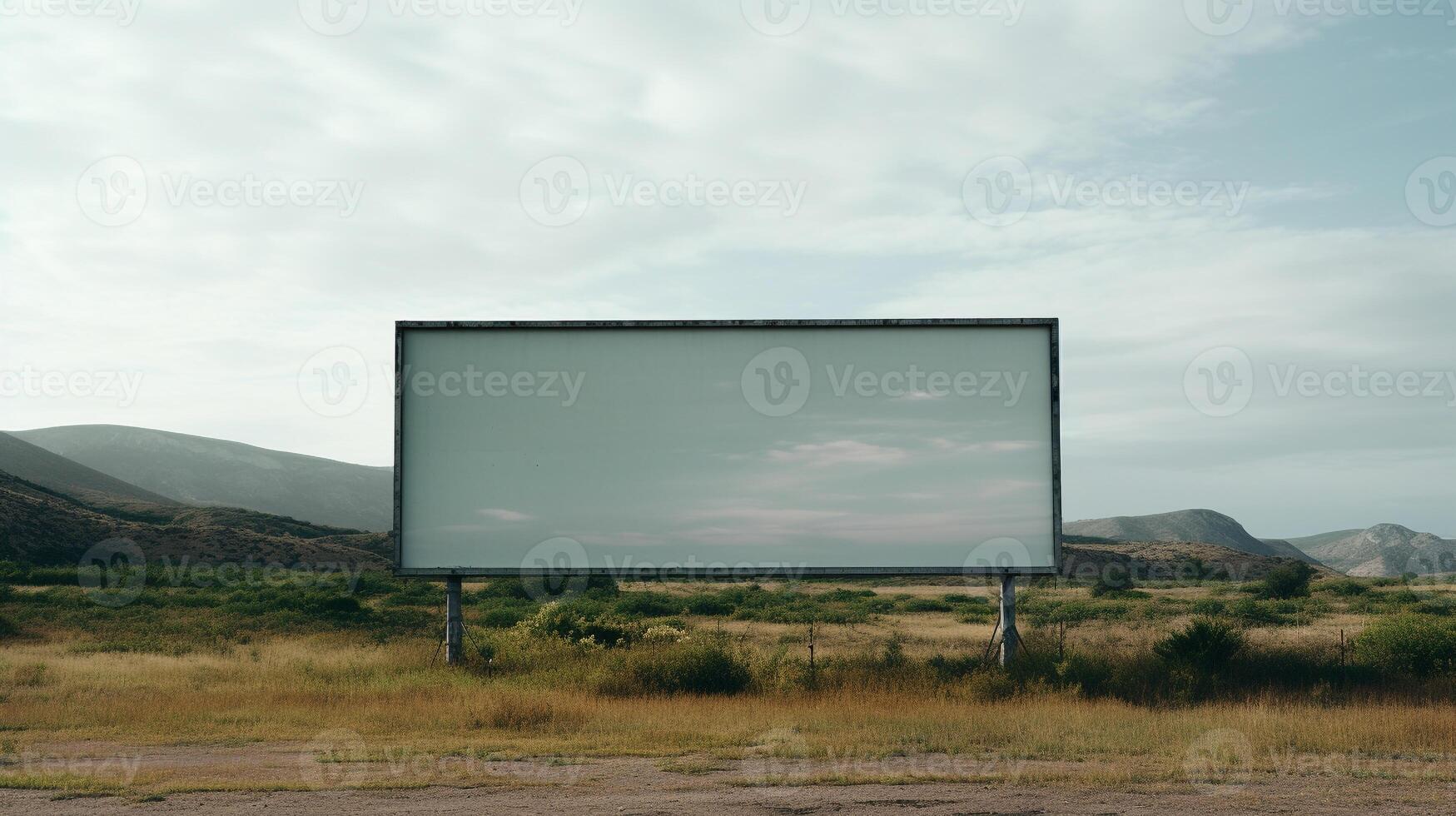 Rural tranquility featuring a blank billboard frame against rolling hills, untapped advertising potential AI Generative photo