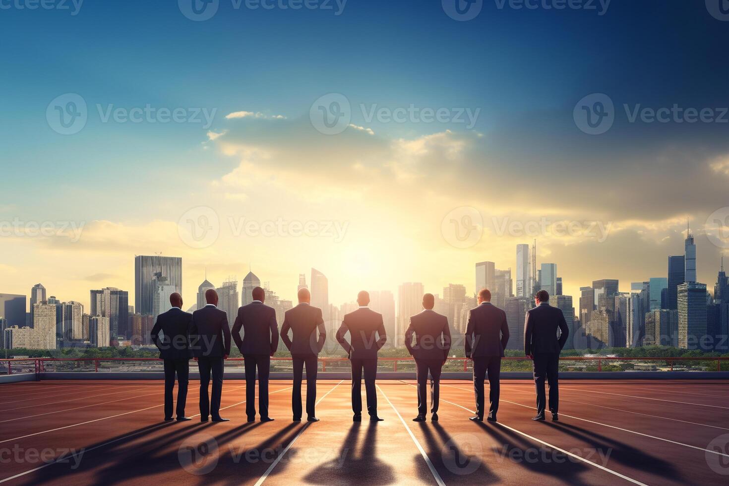 Business professionals on the start line of a running track against a cityscape photo