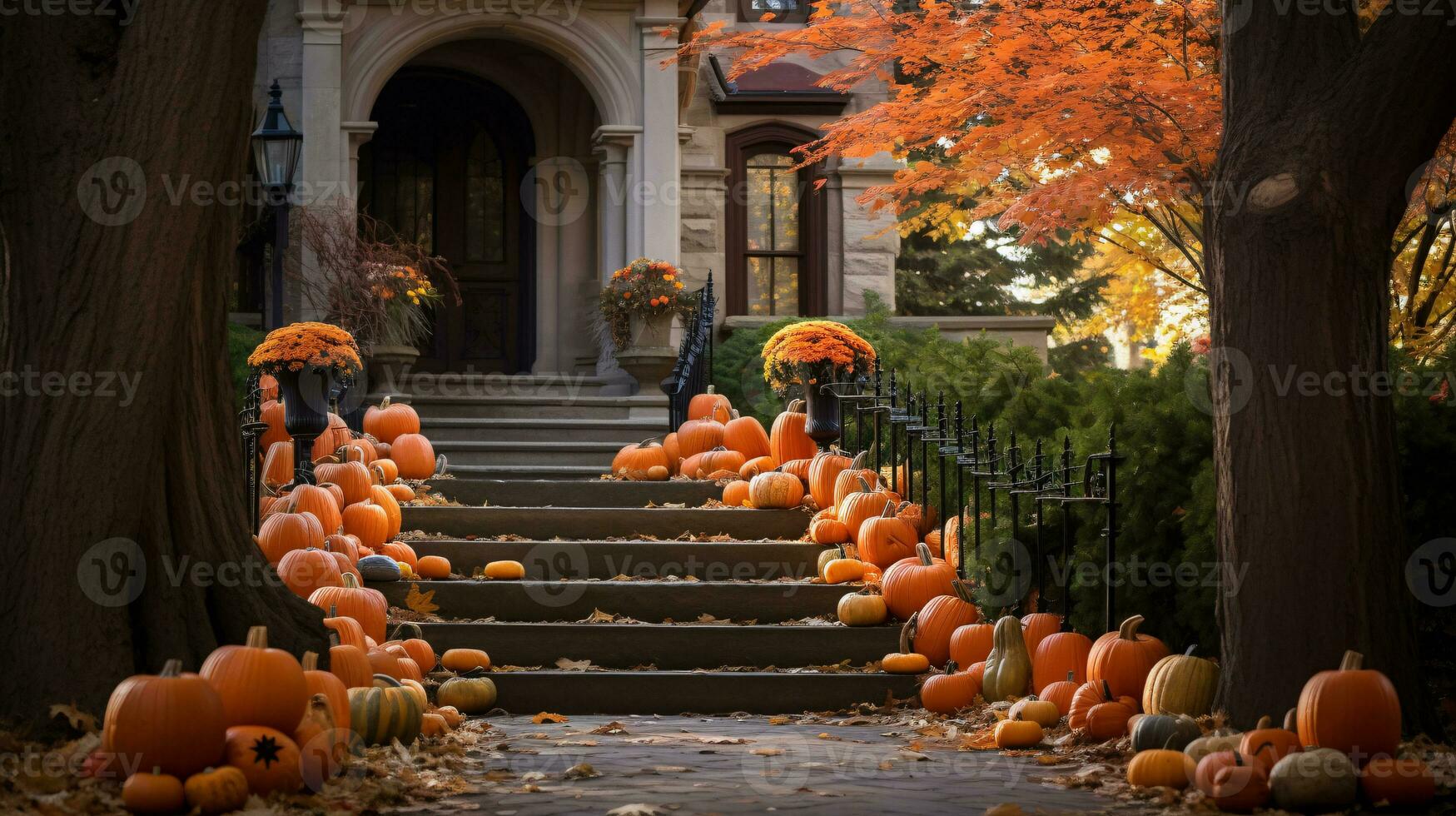 Seasonal Magic Captured in Bright Details of Haunted Houses, Jack-o-Lanterns, and Autumn Leaves AI Generative photo