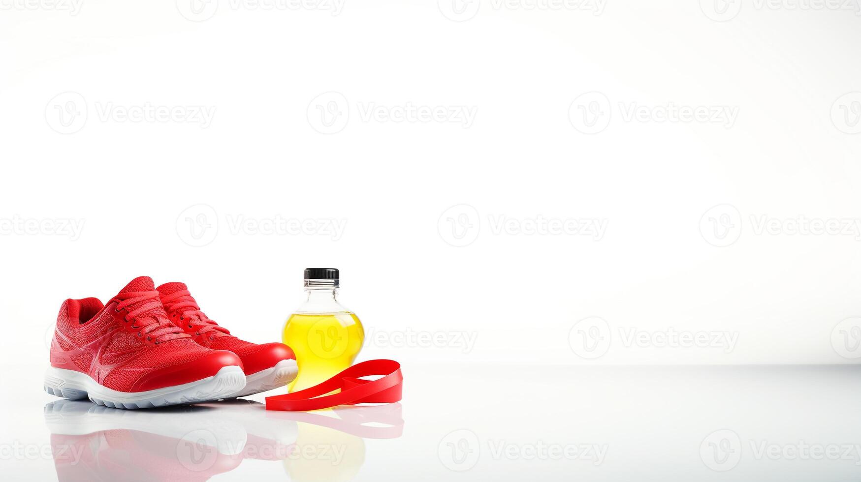 Conceptual health and lifestyle image with running shoes, water bottle, and a heart-shaped measuring tape symbol AI Generative photo