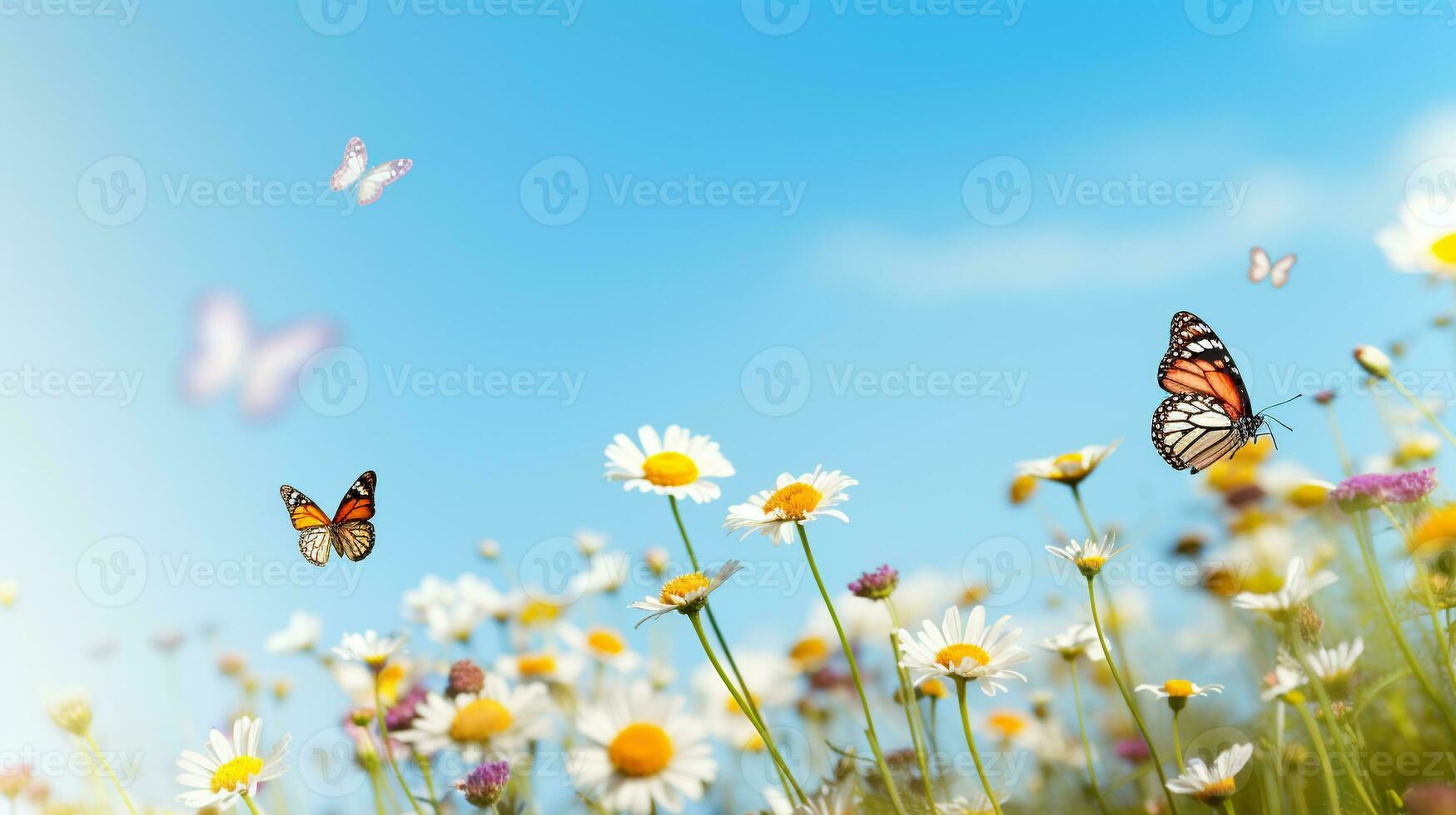 grupo de mariposas revoloteando terminado un prado de flores silvestres debajo un despejado azul cielo ai generativo foto