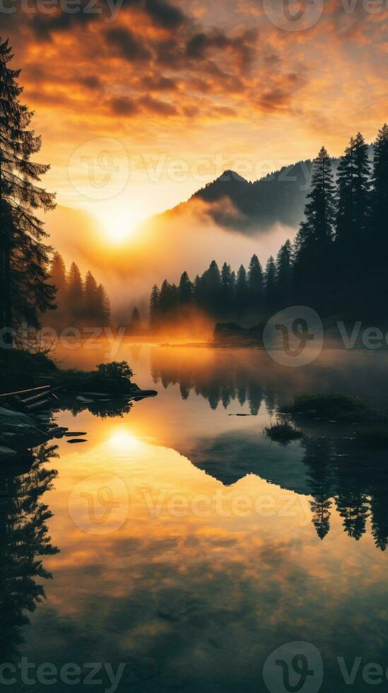 Ethereal Landscape Shot Capturing the Sun's Golden Hue Over Majestic Mountains and Serene Lakes AI Generative photo