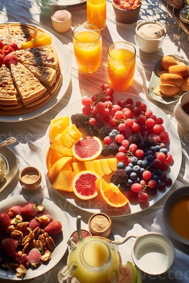 Inviting communal breakfast setting, photographed from above, illuminating the joy of sharing meals in the morning light AI Generative photo