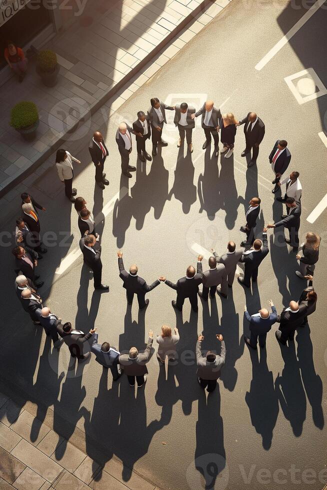 Bird's eye view of business professionals forming a circle in a city intersection photo
