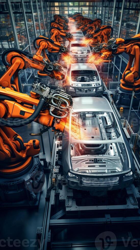 Overhead view of robotic precision on an automotive assembly line photo