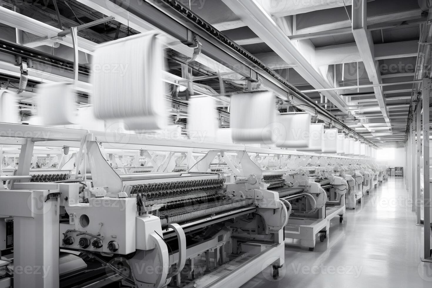 Modern textile factory with automated looms weaving patterns photo