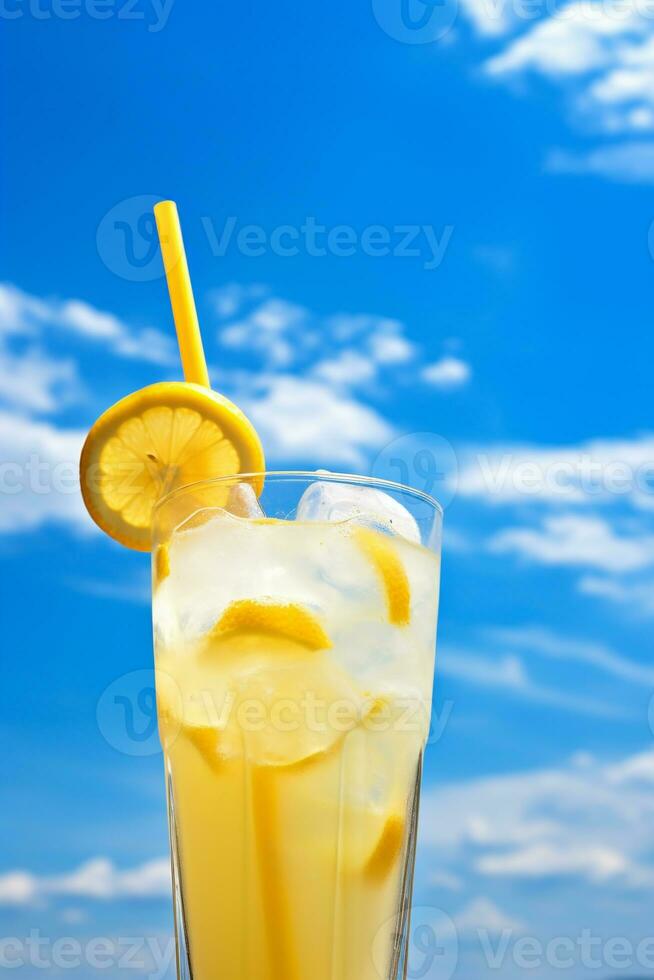 Bright Summer Image of Iced Lemonade in Glass with Lemon Slice and Straw AI Generative photo