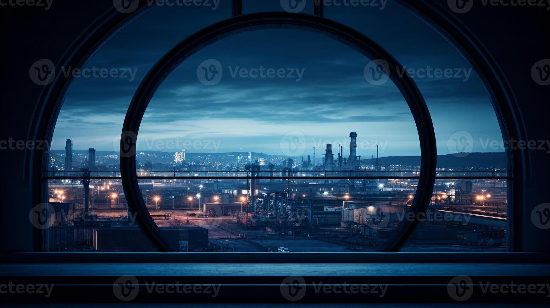 Overlooking a bustling manufacturing plant through a circular window photo