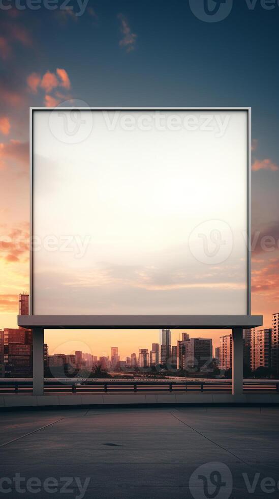 Vibrant sunset forming a fiery backdrop for a blank billboard frame, perfect for bold advertising photo