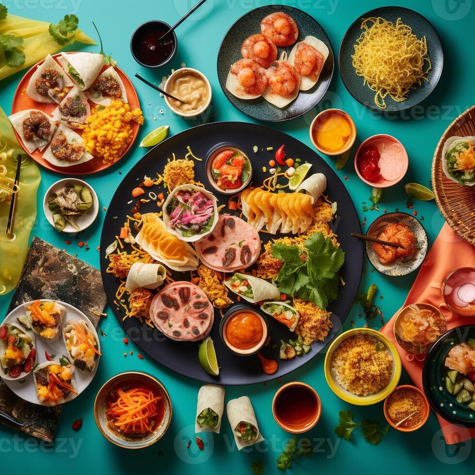 An international feast from above, a unifying spread of sushi, pasta, and tacos on a vibrant tablecloth AI Generative photo