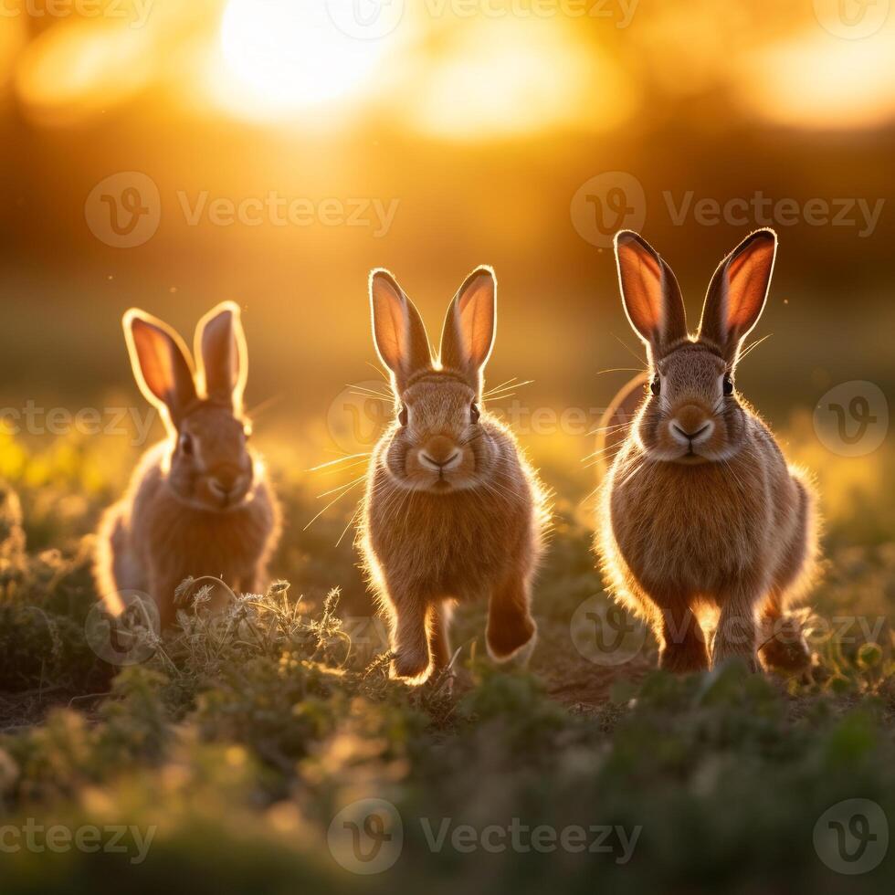 A family of wild rabbits enjoying the golden-hour view in a grassy field photo