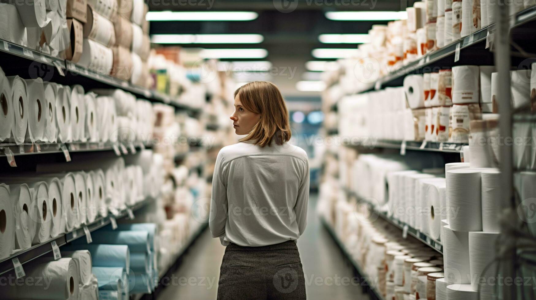 Toilet Paper Towers - Woman's Bewildered Reaction to Panic Buying AI Generative photo