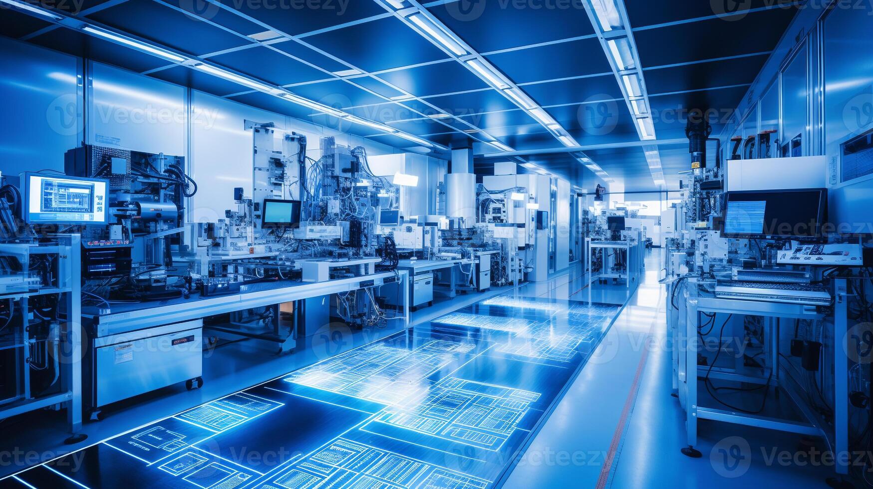 Clean-room environment in a microchip production under blue light photo