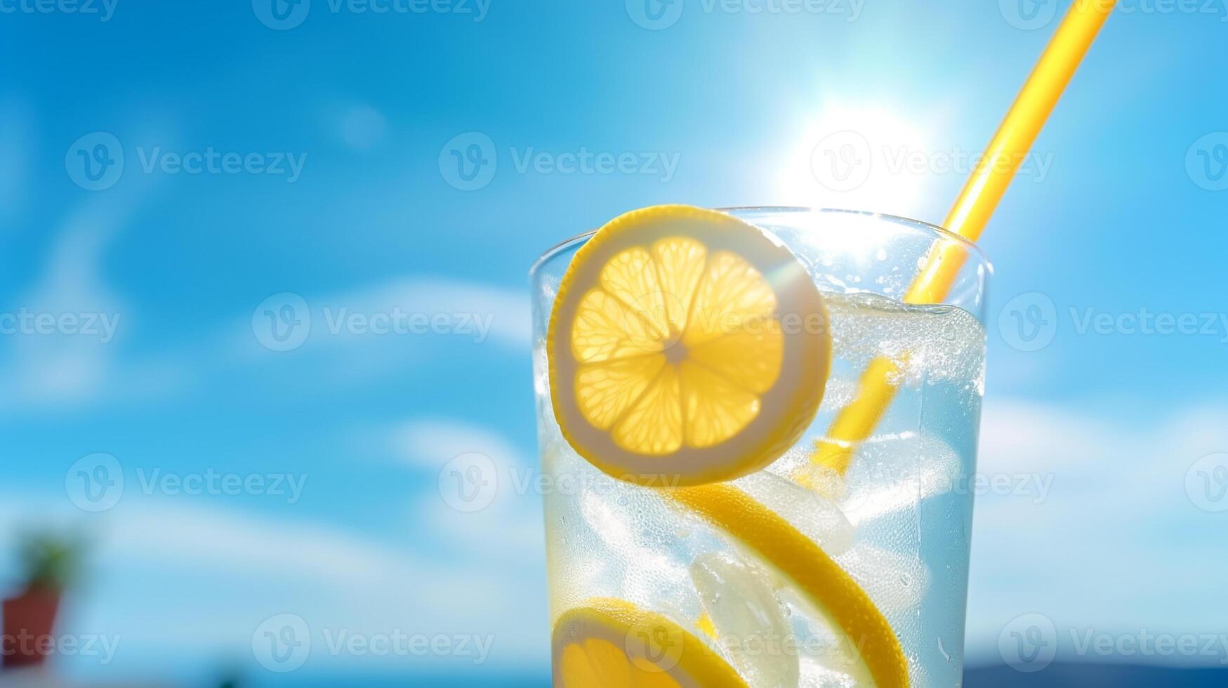 Bright Summer Image of Iced Lemonade in Glass with Lemon Slice and Straw photo