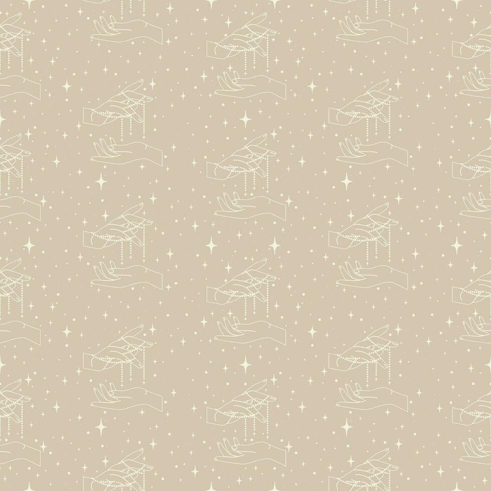 Halloween witchcraft pattern with hands on beige background vector