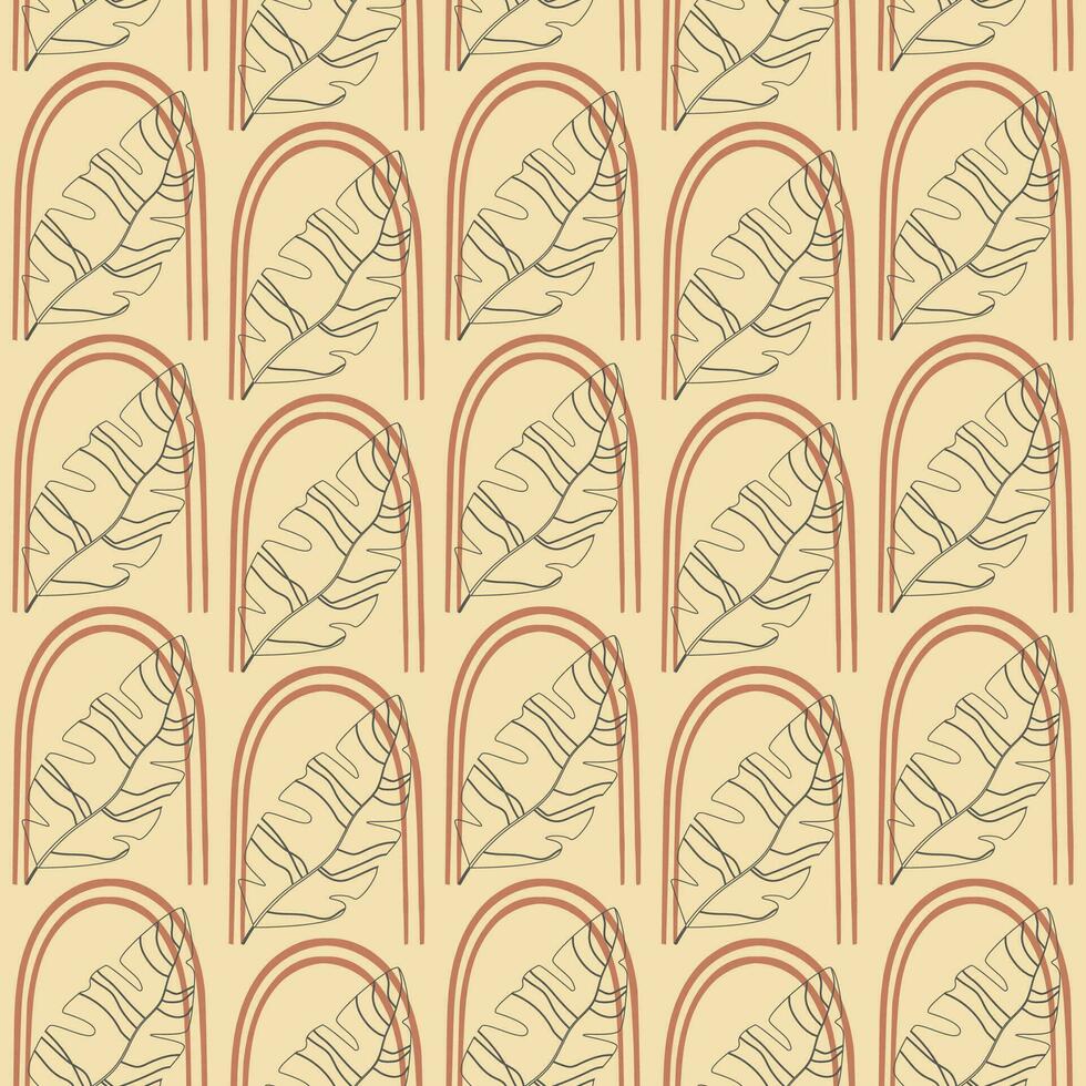 Seamless pattern with abstract vintage elements and leaves art. Linear vector illustration.