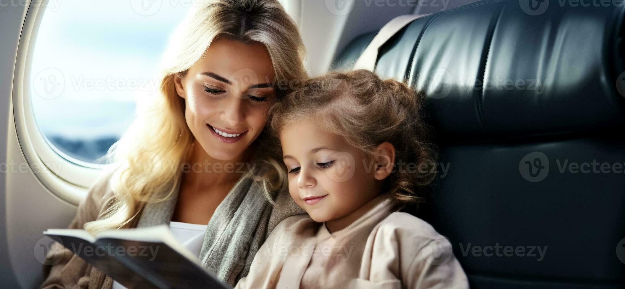 Mother reads a book to her child in the airplane photo