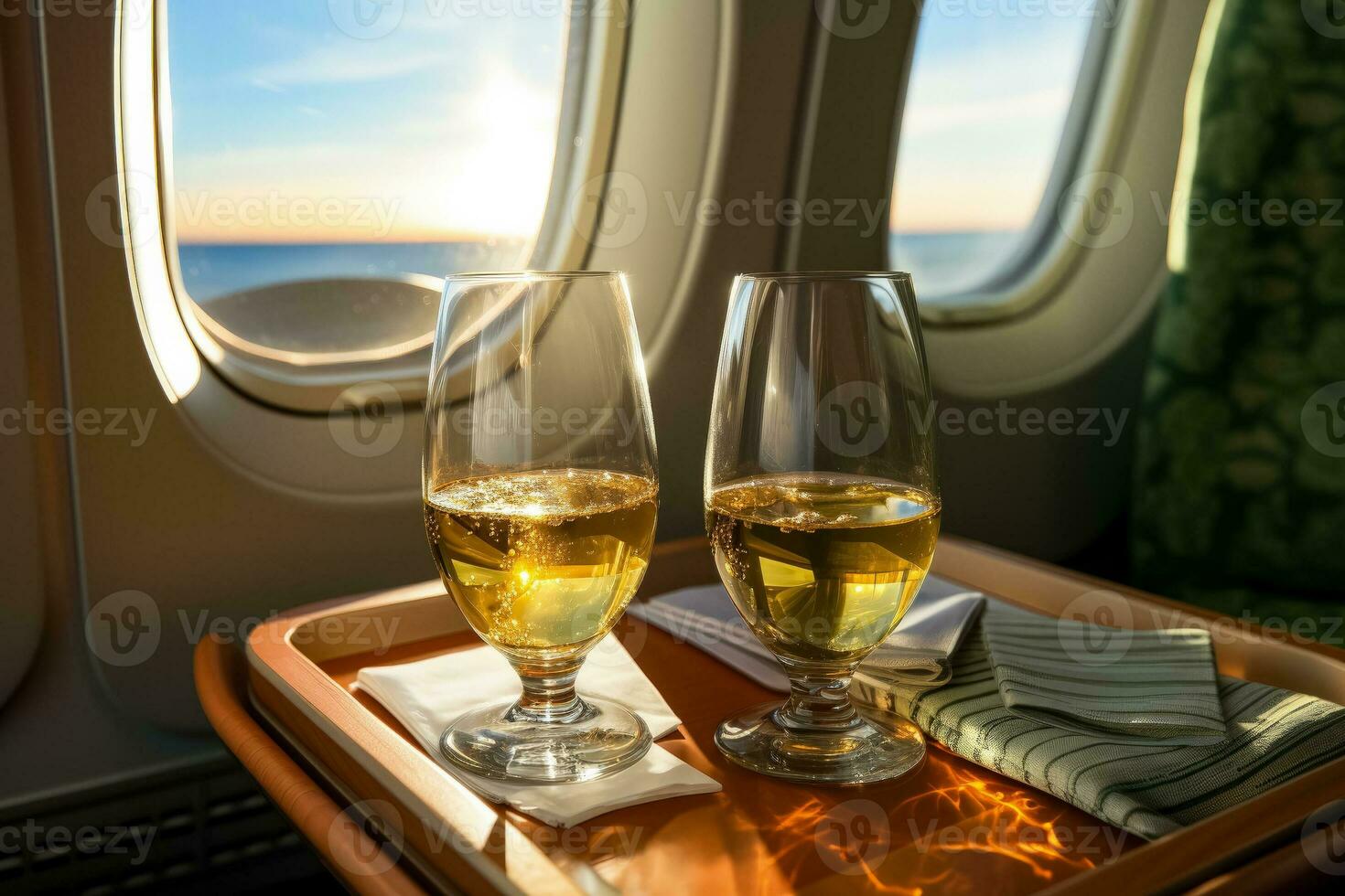 Glasses of white wine on a table in an airplane photo