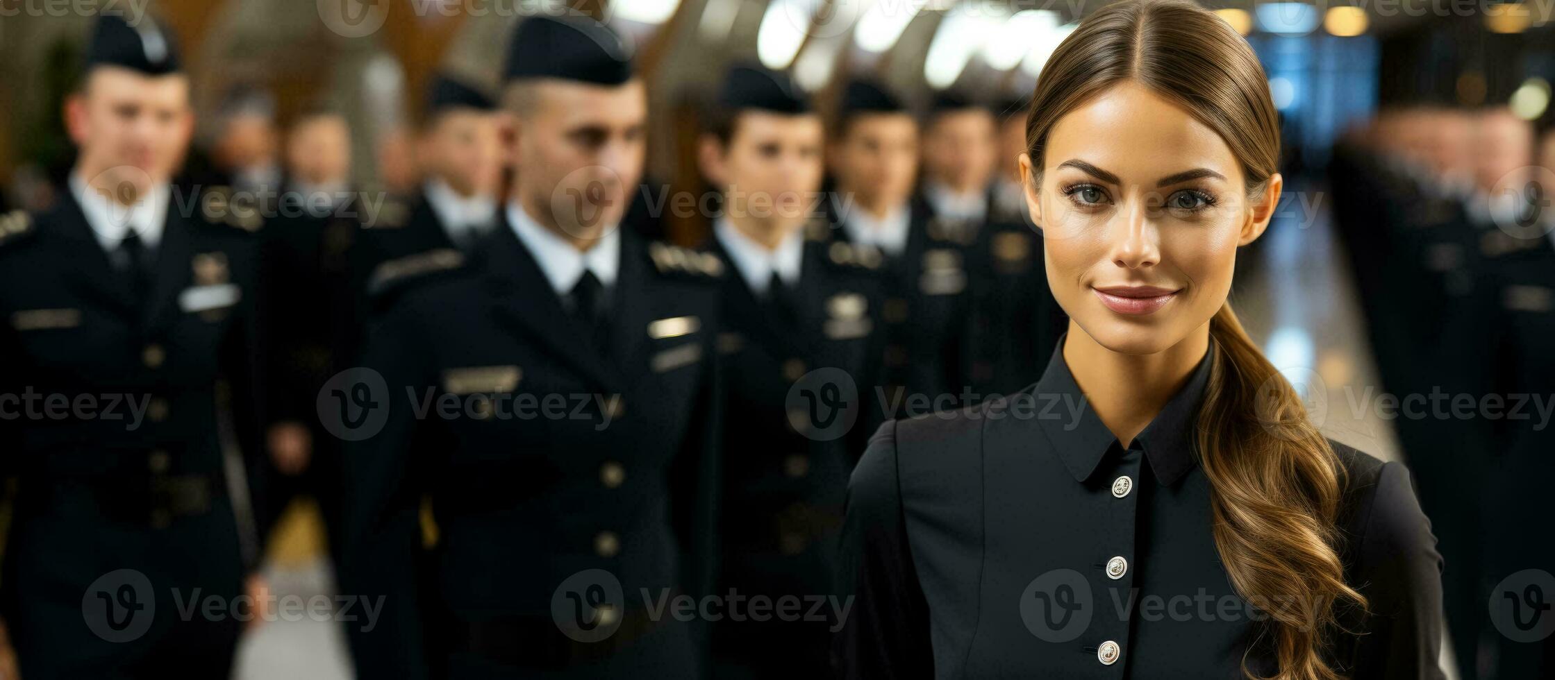 Stewardess and her team are meeting passengers photo